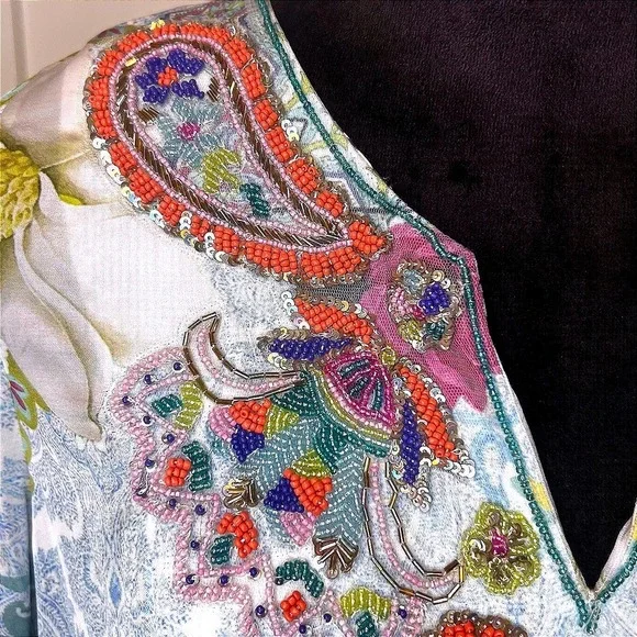 Soft Surroundings Boho Beaded Paisley Floral Tunic Top Blue Pink Womens Small - Picture 5 of 11